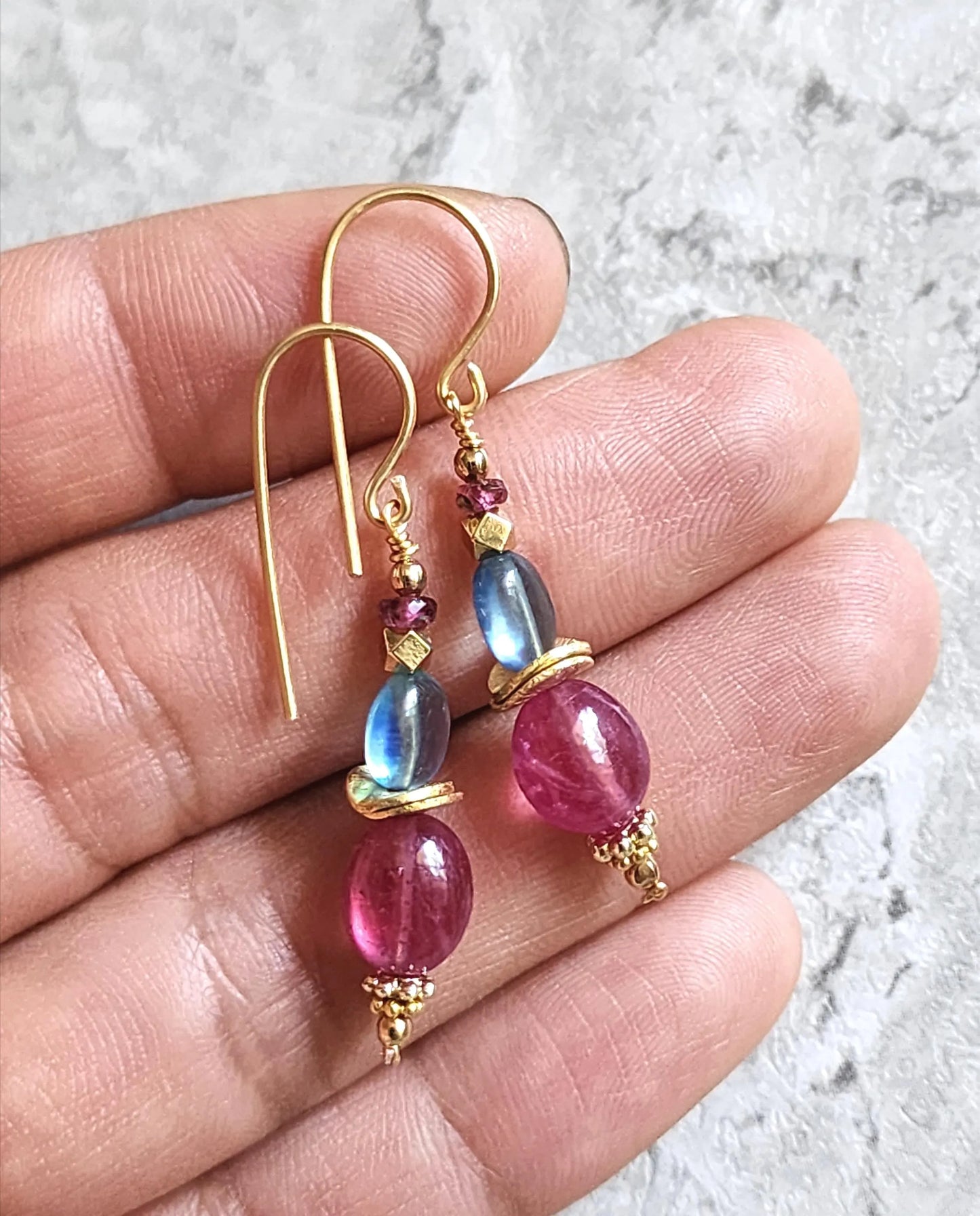 Aquamarine and Pink Sapphire Dangle Earrings