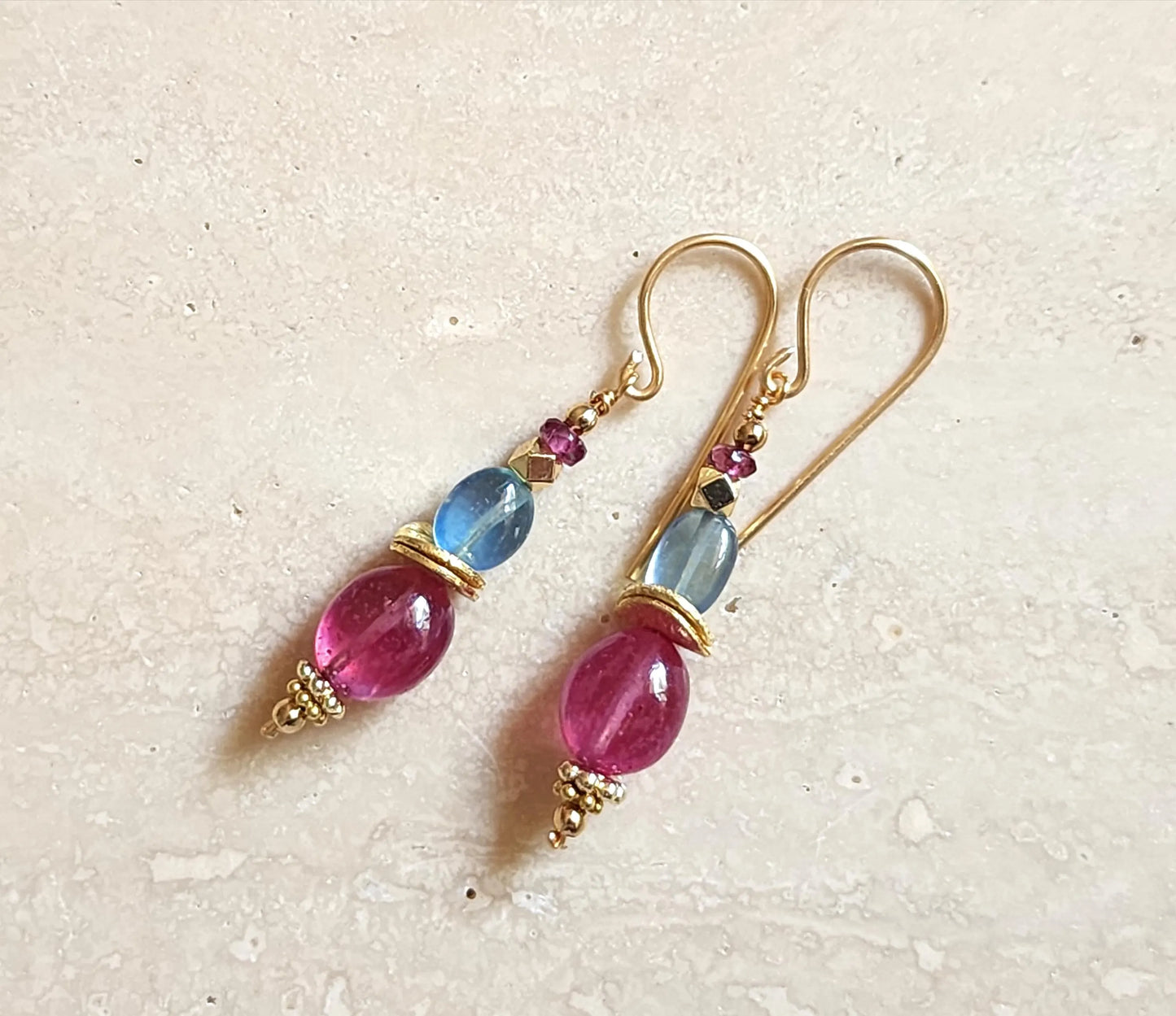 Aquamarine and Pink Sapphire Dangle Earrings