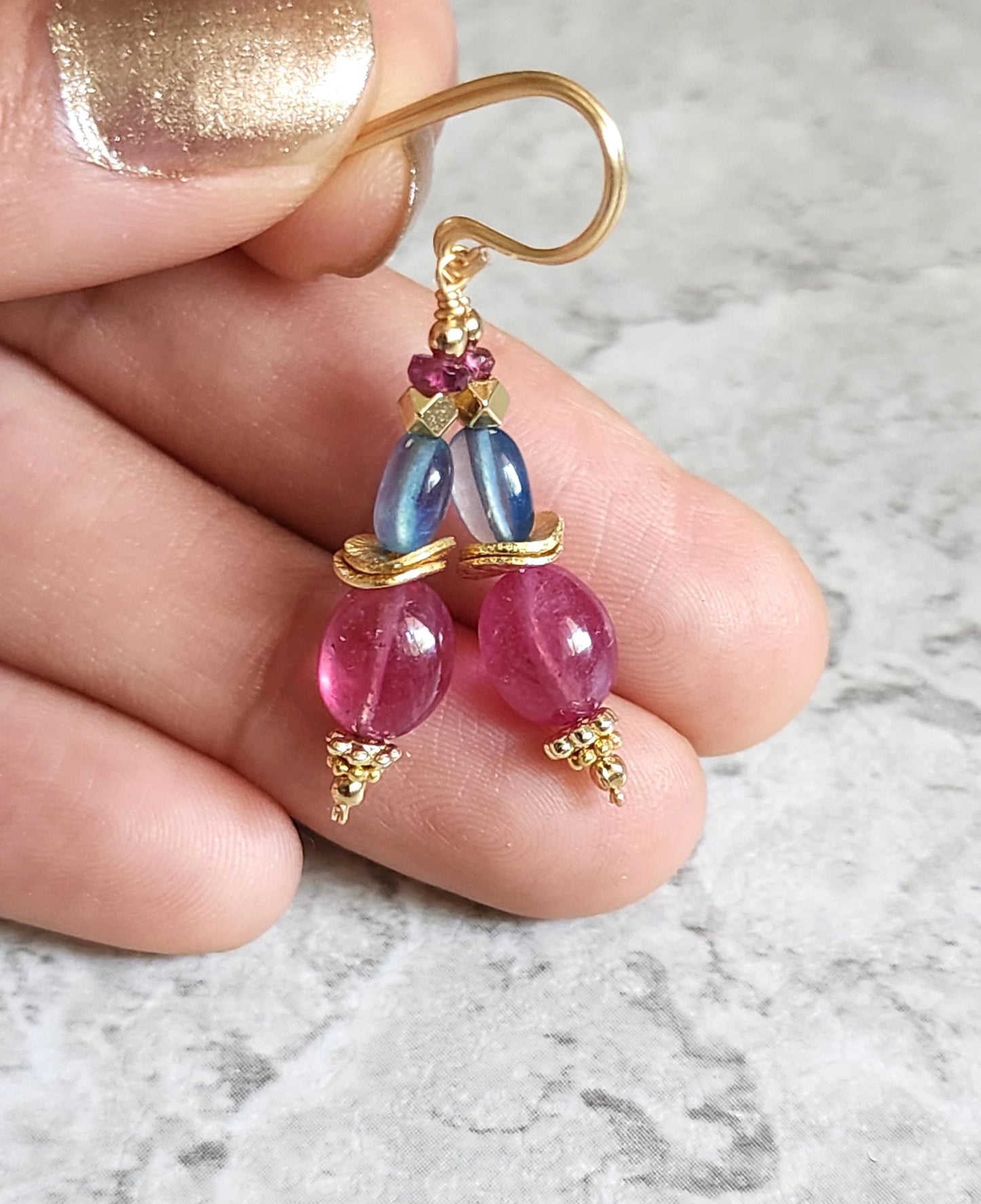 Aquamarine and Pink Sapphire Dangle Earrings